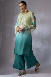 Mint teal ombre organza embroidered jacket suit set